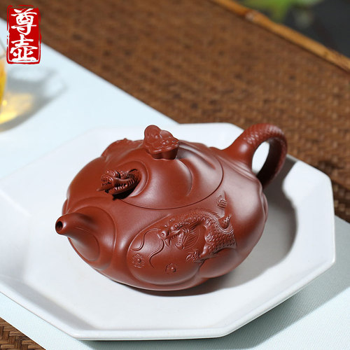 尊壶宜兴原矿朱泥鱼化龙紫砂壶