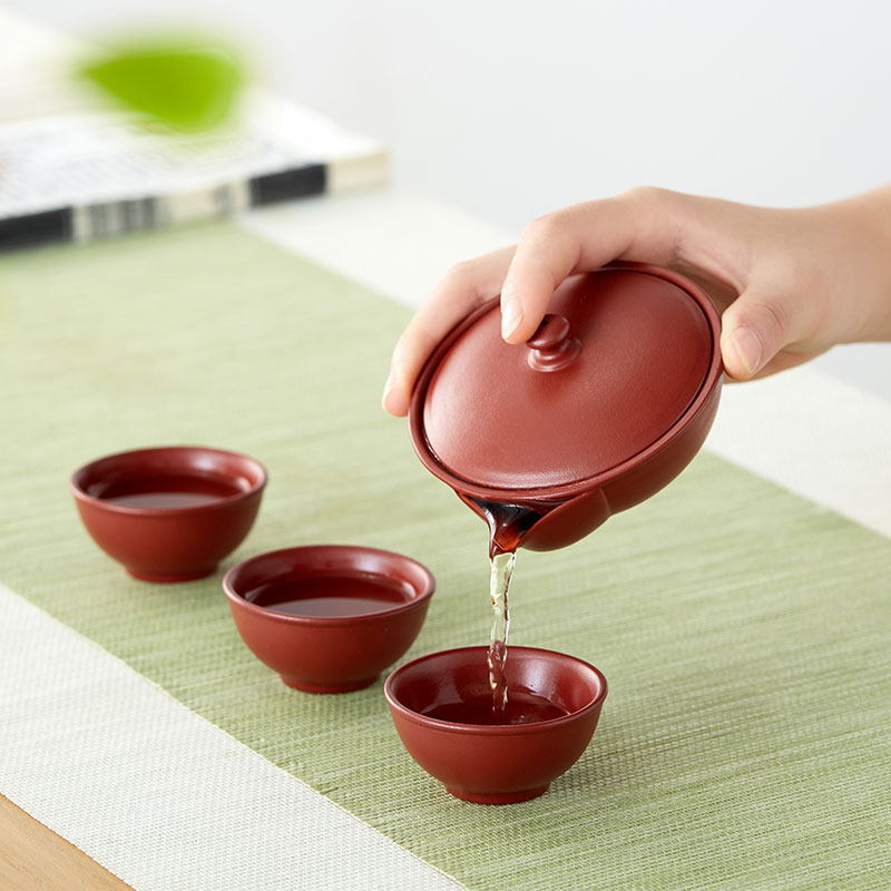 宜兴紫砂快客杯一壶三杯茶具套组