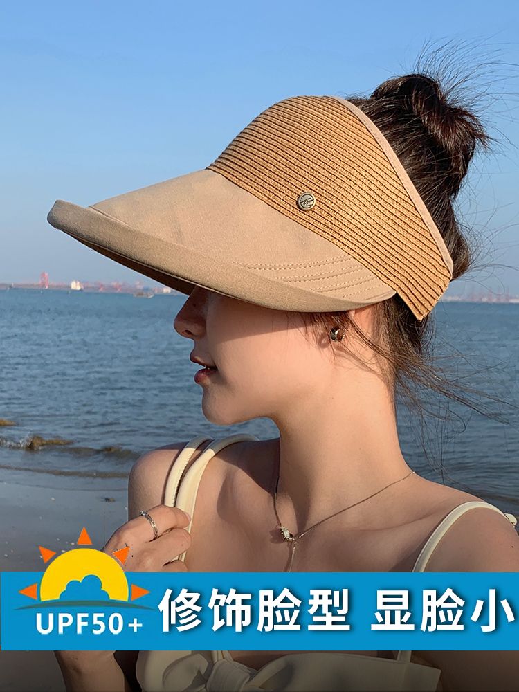 防晒帽女夏季显脸小草编空顶遮阳帽新款防紫外线大帽檐遮脸太阳帽
