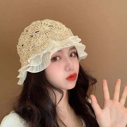 日系蕾丝边草帽女夏小清新沙滩遮阳防晒盆帽韩版潮百搭水桶渔夫帽