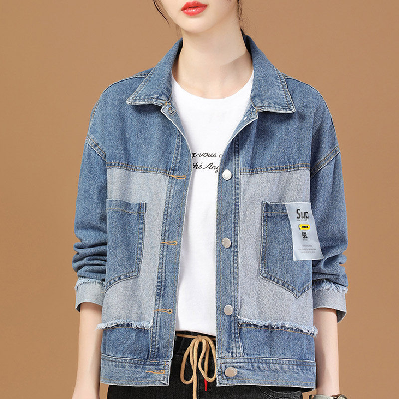 阿玛施休闲宽松长袖牛仔外套2020秋季新款撞色拼接女士夹克上衣女