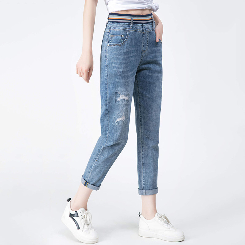阿瑪施新款女装棉质牛仔裤直筒高腰个性破洞九分裤夏季薄款休闲裤