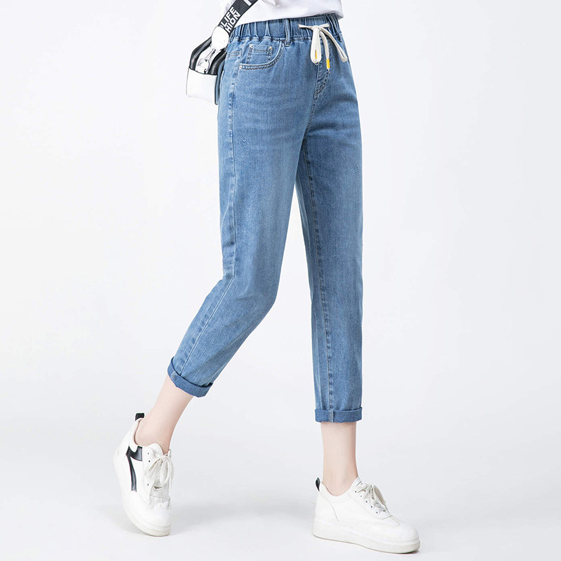 阿瑪施新款女装夏季薄款高腰牛仔裤清新雏菊刺绣九分直筒裤宽松女