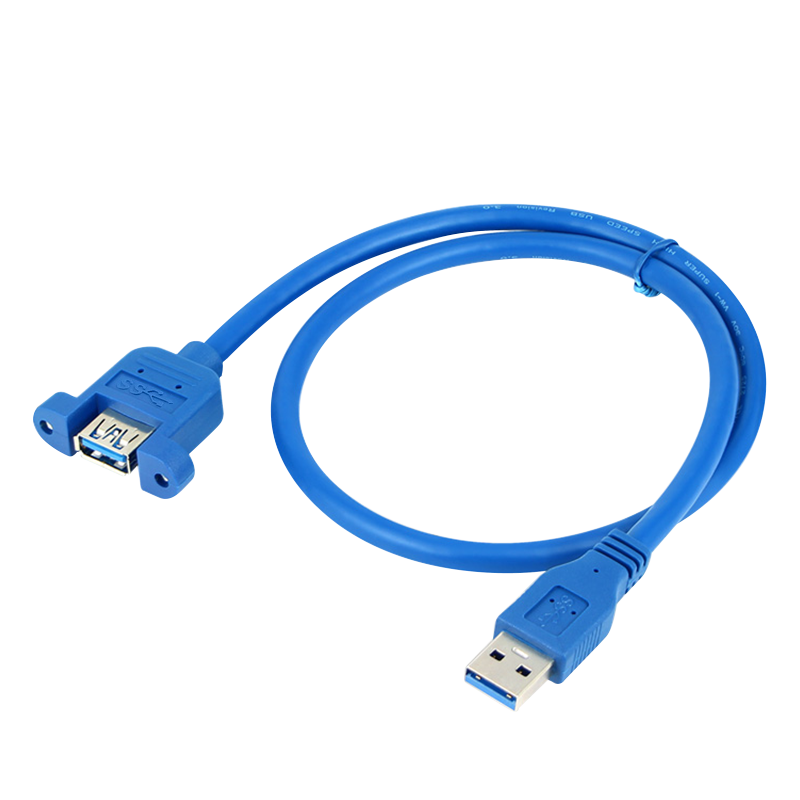 蓝色USB3.0公对母带耳朵鼠标键盘U盘3.0延长线带螺丝孔可固定面板