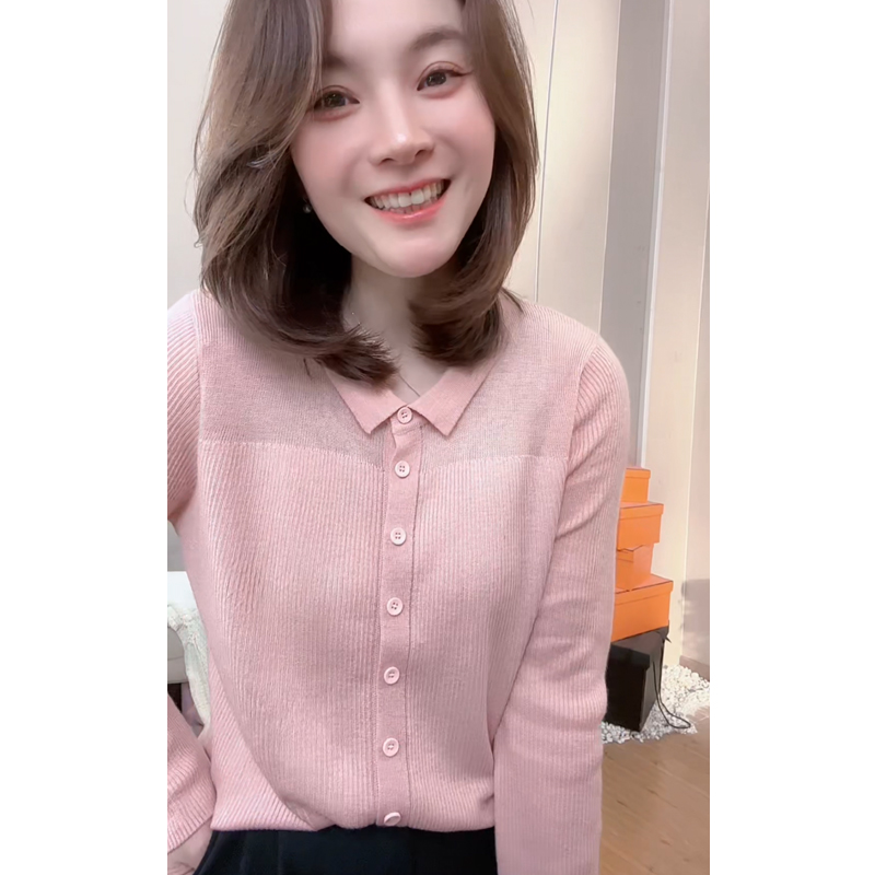 早春新款Polo领翻领纯色针织开衫宽松百搭打底薄款休闲针织衫女士