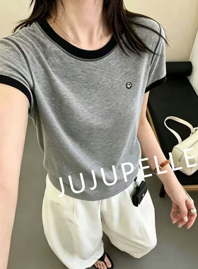 莱赛尔~笑脸T恤撞色简约纯色2026夏季百搭宽松减龄打底女T恤短袖