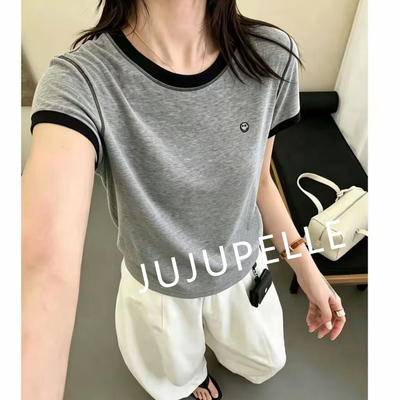 莱赛尔~笑脸T恤撞色简约纯色2026夏季百搭宽松减龄打底女T恤短袖