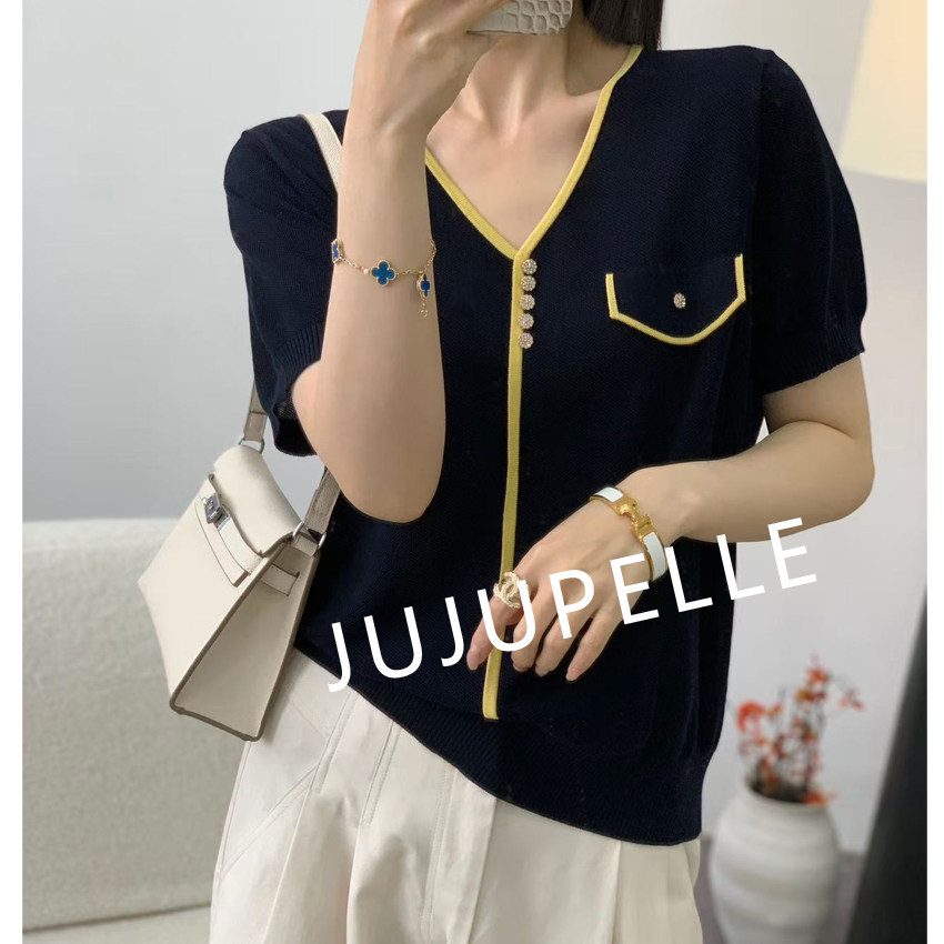 莱赛尔100口袋V领撞色2026夏季新款简约气质针织衫薄中袖女T恤衫