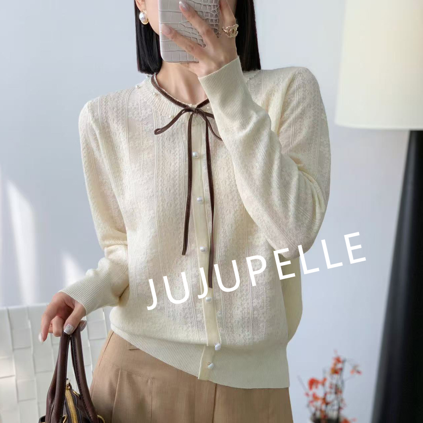 钉珠蝴蝶结系带2025早秋款百搭针织衫女款长袖打底衫上衣毛衣女款