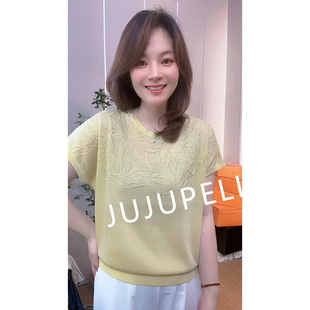 女T恤套头上衣薄 莱赛尔100镶钻圆领花卉2025夏季 新款 针织衫 薄短袖