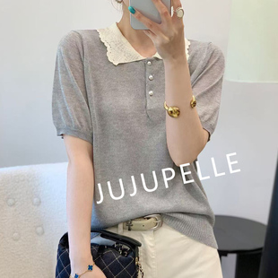 竹节麻~亮片蕾丝翻领纯色2026夏季新款针织衫女上衣中袖T恤套头薄