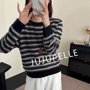莱赛尔100黑白条纹2025年早秋新款百搭减龄宽松针织衫长袖套头女