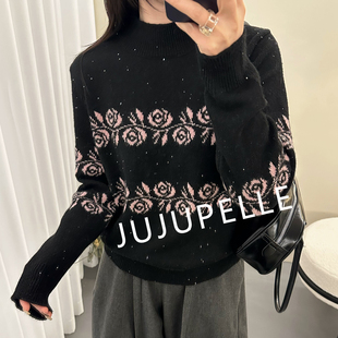 蜜熊绒+绵羊毛~细闪黑玫瑰提花高品质秋冬新款针织打底衫女款毛衣