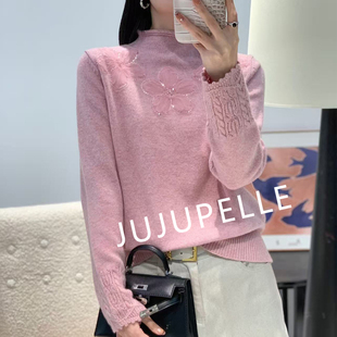 蜜熊绒绵羊毛！三朵花烫钻纯色钩花2026秋冬新款针织打底衫女毛衣