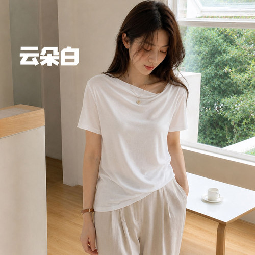 莱赛尔斜领纯色防晒短袖女T恤