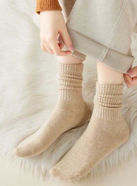 [绵羊毛保暖袜4双装]秋冬亲肤透气中筒袜薄款纯色女款羊毛袜长袜