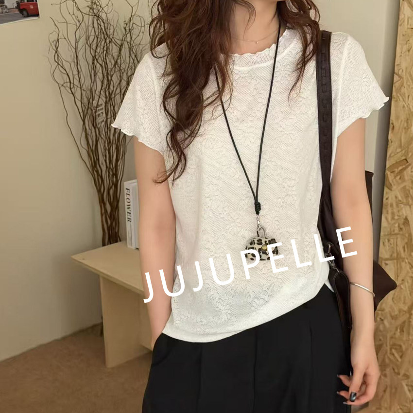 蕾丝钩花~纯色木耳边精致2026春夏新款宽松圆领减龄短袖打底T恤女