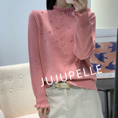 蜜熊绒+绵羊毛~木耳边花朵开衫2026秋冬新款百搭减龄毛衣女针织衫