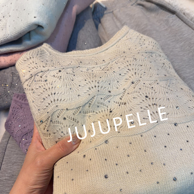 绵羊毛~满天星烫钻编织钩花打底衫2025秋冬毛衣长袖内搭针织衫女