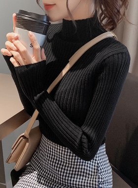 2021秋c冬新款半高领打底衫毛衣女修身内搭针织衫上衣黑色洋气白