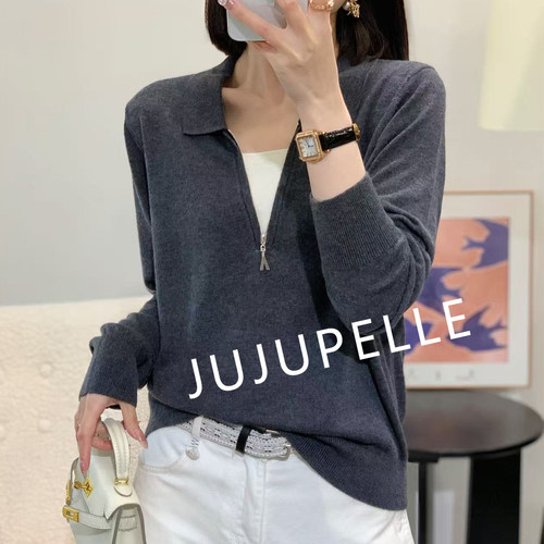 翻领撞色假两件拉链2026秋冬新款宽松显瘦毛衣针织衫女款上衣长袖