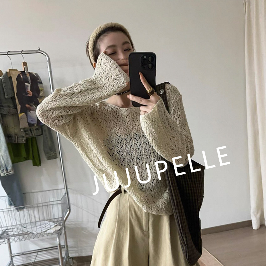 咖啡麦穗~镂空圆领气质显白2025秋季宽松针织衫毛衣套头女款长袖