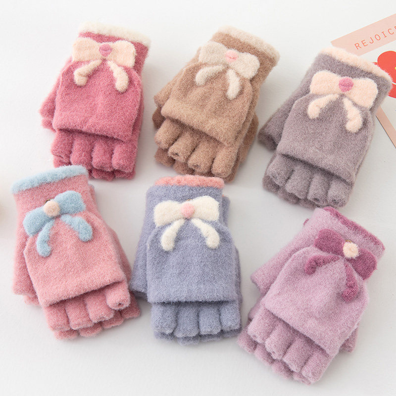 女童手套冬加绒加厚小学生可爱半指翻盖少女孩五指分指写作业写字