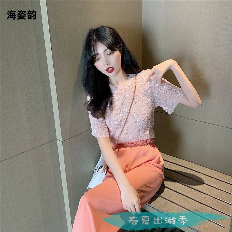 2020夏季新款双层bling亮片时尚T恤上衣+松紧腰舒适直筒裤套装潮