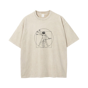 宽松大码230克纯棉达芬奇名画吉他演奏者圆领做旧美式短袖T恤男女