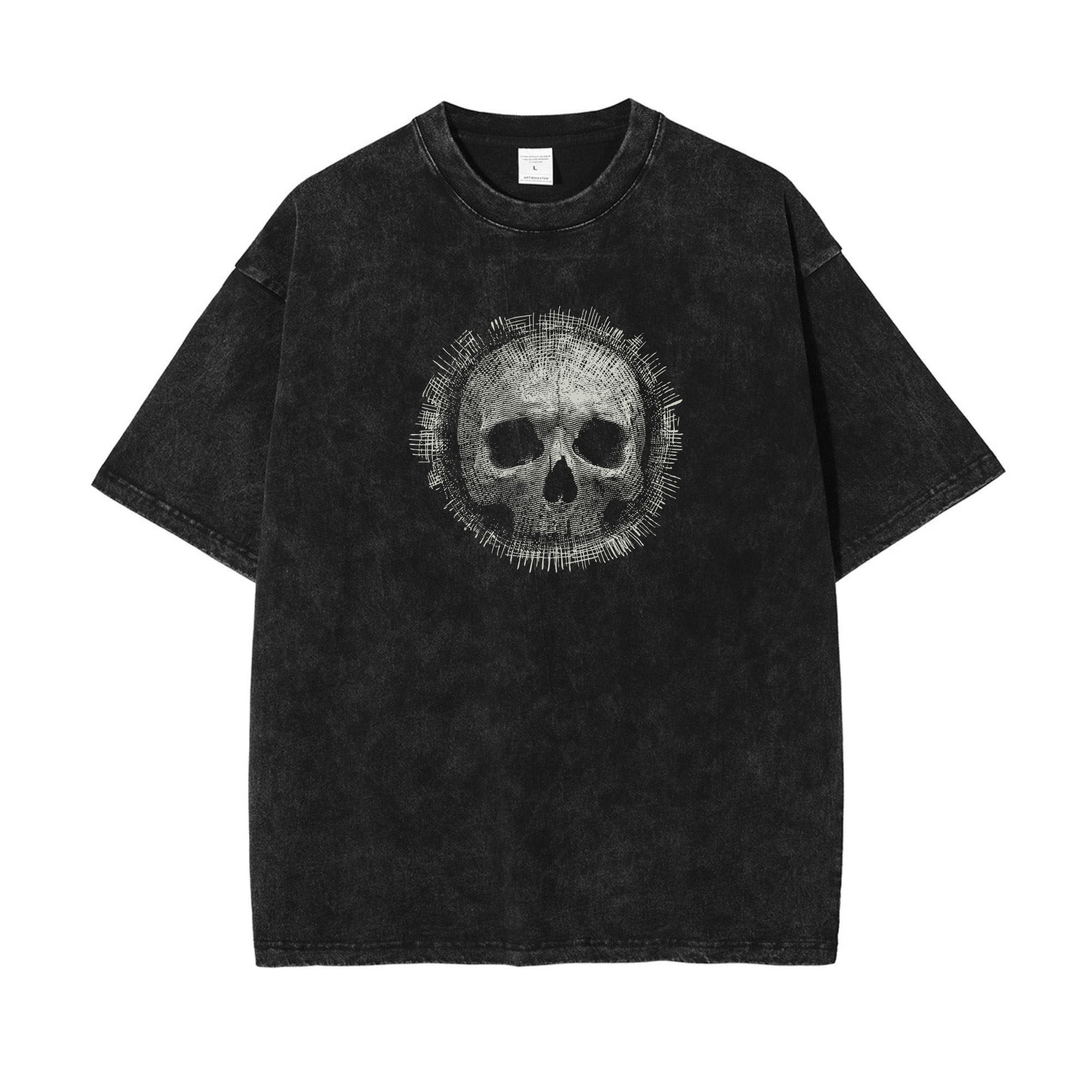 宽松大码oversize230克纯棉素描版画线条骷髅做旧美短袖t恤男抗皱