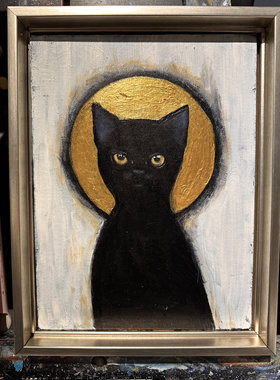 绯色百货公司手工绘制油画金色光环黑猫复古18*24长方形带框