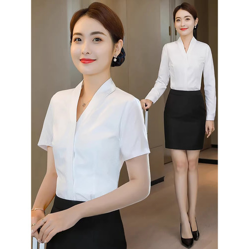 职业装短袖v领白衬衫女夏季酒店前台工作服空姐空乘制服面试工装