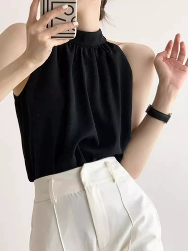 Черная летняя майка топ, костюм, шифоновая футболка без рукавов