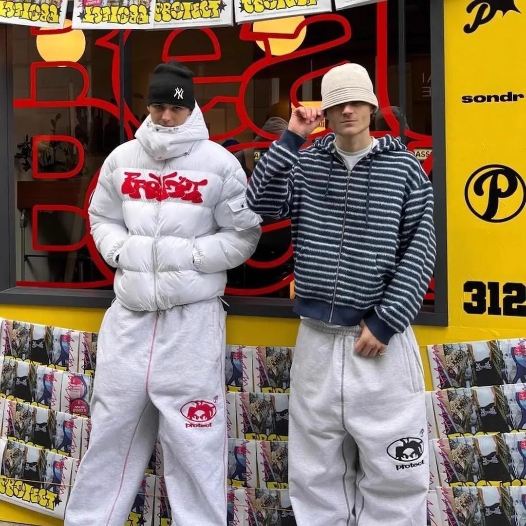 protect字母刺绣运动宽松直筒裤