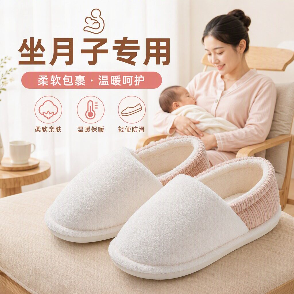 冬季月子鞋软底防滑坐月子家居鞋加绒保暖孕产妇专用包跟棉拖鞋女图片