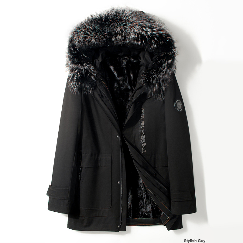 男装派克大衣2021冬季银狐毛领