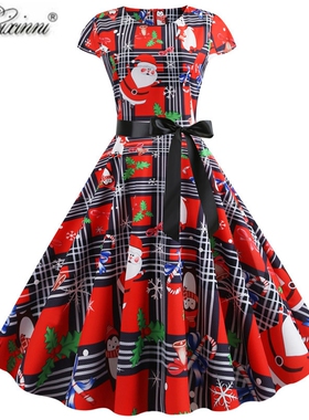 欧美时尚复古大码女红色圣诞老人节日包袖印花圆领显瘦大摆连衣裙