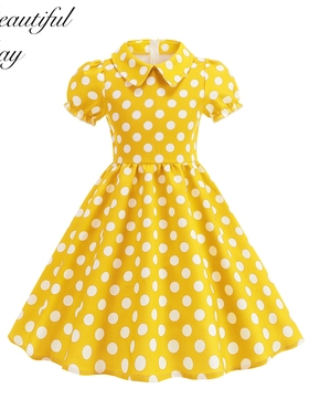 法式复古宫廷领波点女童洋气短袖儿童港风可爱甜美表演大摆连衣裙