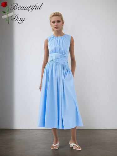 赫本风复古女装长裙褶皱百搭优雅纯色法式无袖收腰度假大摆连衣裙