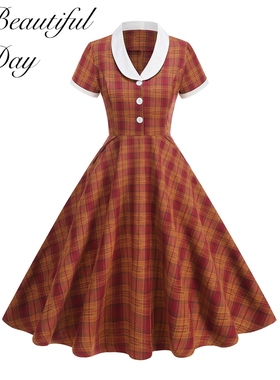 赫本复古气质格子显瘦港风年代感短袖女装舞蹈表演派对大摆连衣裙