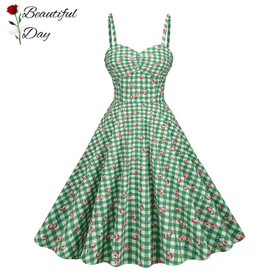 赫本复古气质印花显瘦法式年代感吊带女装舞蹈表演度假大摆连衣裙