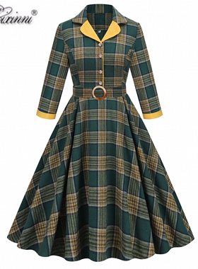 赫本风气质英伦绿色七分袖西装翻领欧美复古年代格纹大摆连衣裙