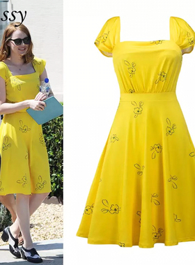 爱乐之城欧美复古港风气质显瘦印碎花清新甜美黄色收腰连衣裙女夏