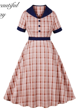 法式复古气质格子显瘦港风年代感短袖女装表演派对大摆连衣裙