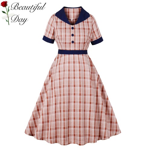 法式复古气质格子显瘦港风年代感短袖女装表演派对大摆连衣裙