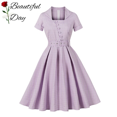 赫本复古气质格子显瘦港风年代感短袖女装舞蹈表演派对大摆连衣裙