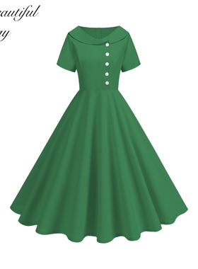 法式复古气质纯色显瘦港风年代感短袖女装表演派对赫本大摆连衣裙