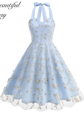 欧美风复古气质挂脖通勤网纱刺绣大码女装法式显瘦中长大摆连衣裙