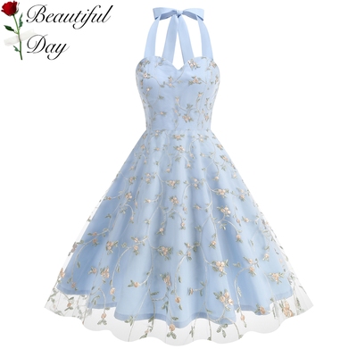 欧美风复古气质挂脖通勤网纱刺绣大码女装法式显瘦中长大摆连衣裙