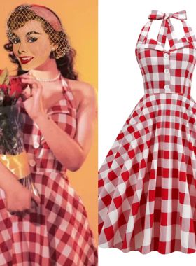 港风女神复古波点性感80年代派对表演挂脖显瘦度假中长大摆连衣裙